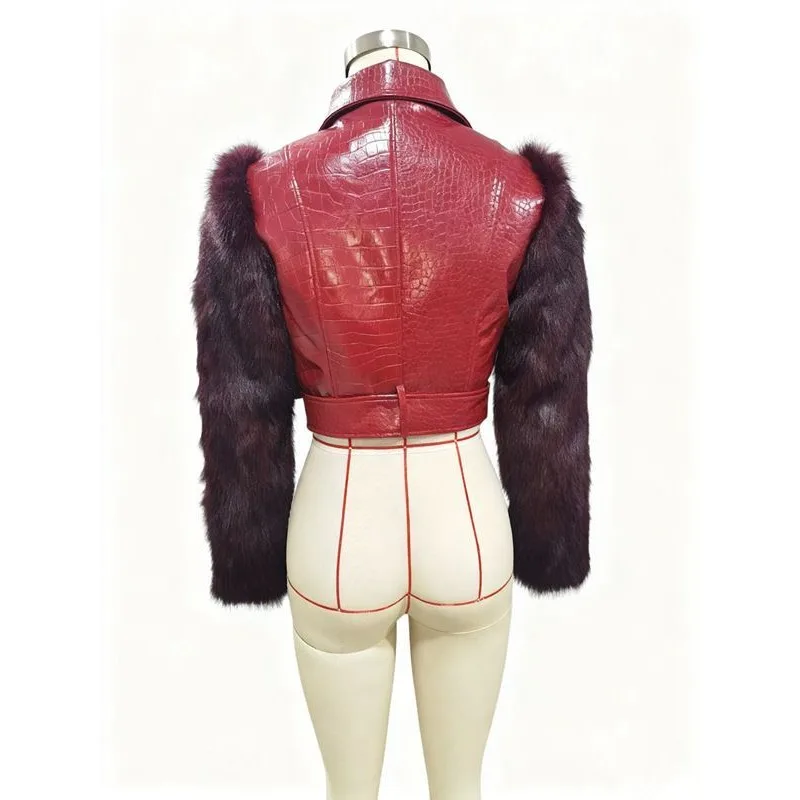 Nieuw product Niche Locomotief leren damesjas met krokodillenpatroon, imitatie vossenhaar Hoogwaardige echte herfst- en wintertop