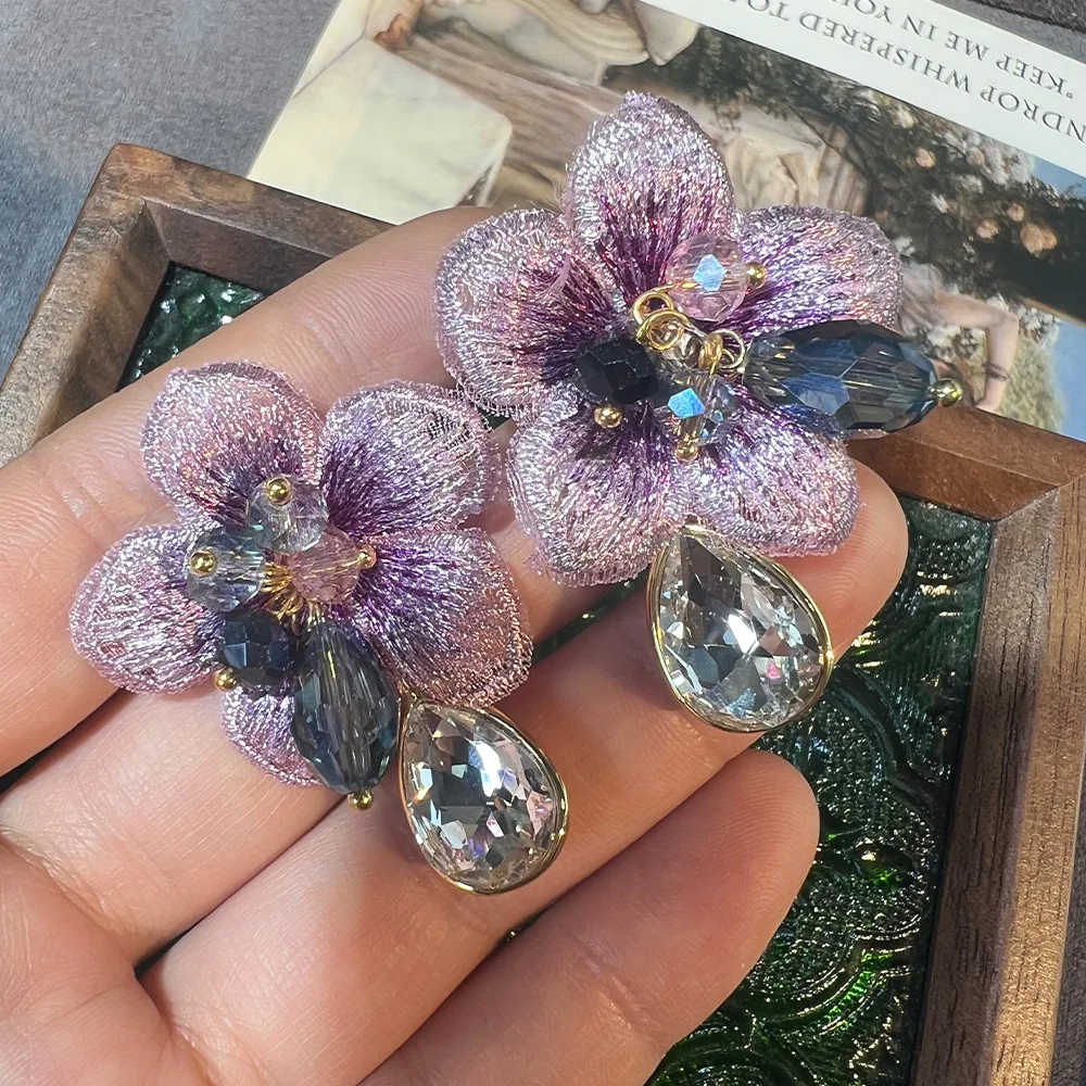 New Chinese-style violet flower water drop earrings, elegant light luxury high-end niche design versatile super fairy earrings