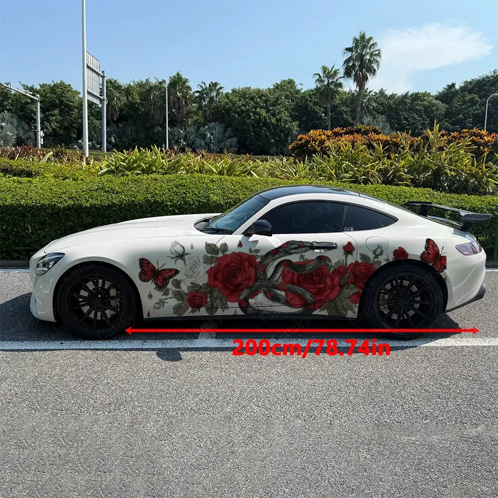 2pcs Floral Snake With Butterflies Roses Car Side Wrap, Self-Adhesive PVC Waterproof & Scratch-Resistant Stickers, Car Accessory