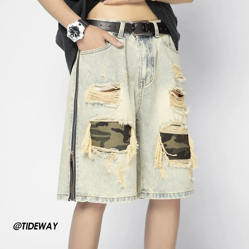 

Ripped Camouflage Denim Shorts Men's Summer Thin Loose Five-Quarter American Retro High Street Mid-Pants Trendy Straight Leg ...