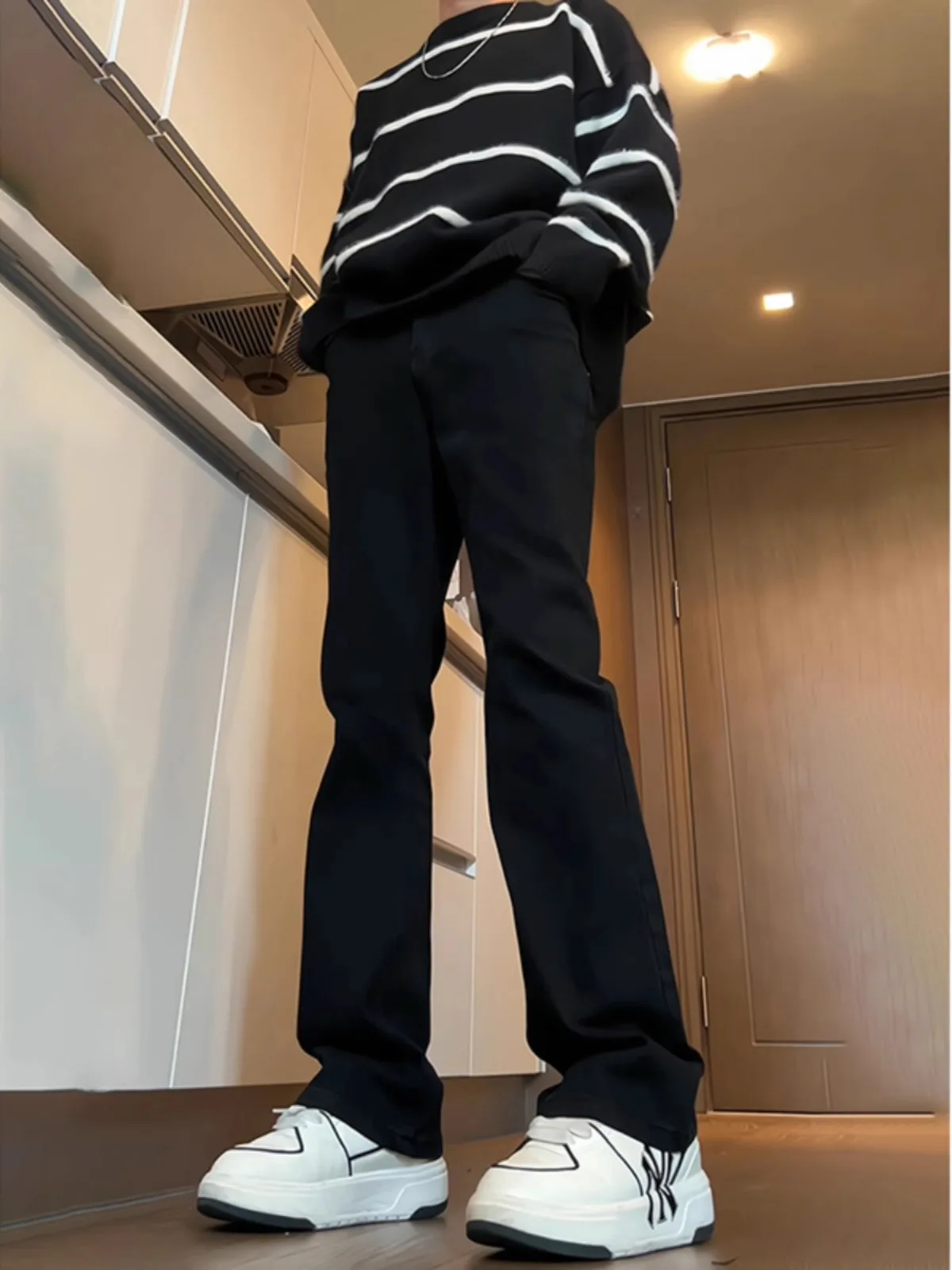 

Black High Waist Stretchy Slim Fit Vibe Jeans American High Street Straight Leg Slimming Flared Long Trousers for Men