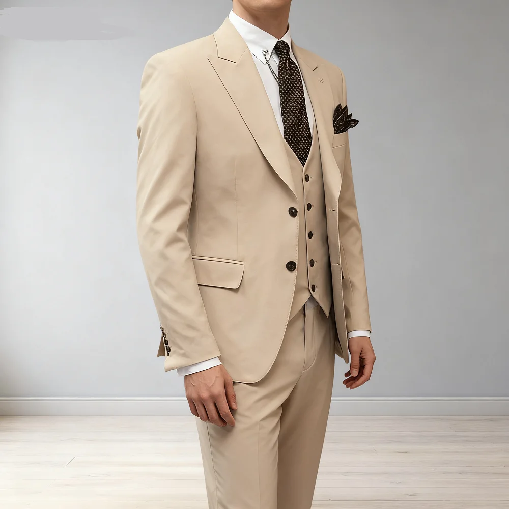 

3 Piece Khaki Slim Fit Tuxedo Men's Suit Peak Lapel Formal Wedding Dance Party Smocking Blazer + Vest Set for Men