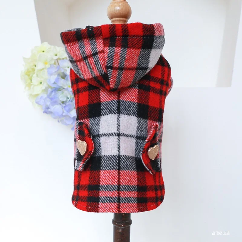 1PC Pet Clothes Dog Cat Autumn and Winter Thickened Warm Red Plaid Hat Coat Windbreaker Suitable for Small and Medium sized Dogs