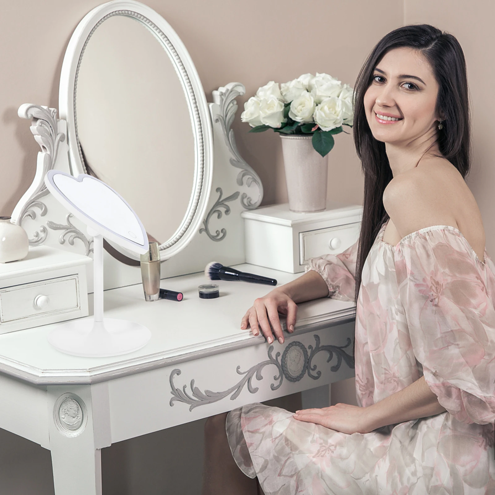 مرآة زينة لسطح المكتب مضاءة محمولة على شكل مكياج LED، سطوع قابل للتعديل لحلاقة المكياج #4