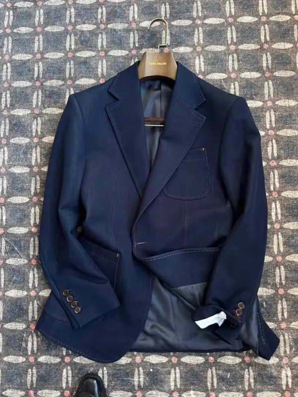 

2025 New Autumn Winter Italian Sle Naples Denim Blue Faionable Single Button Men's Suit Retro High-End Feeling Tailored Suit