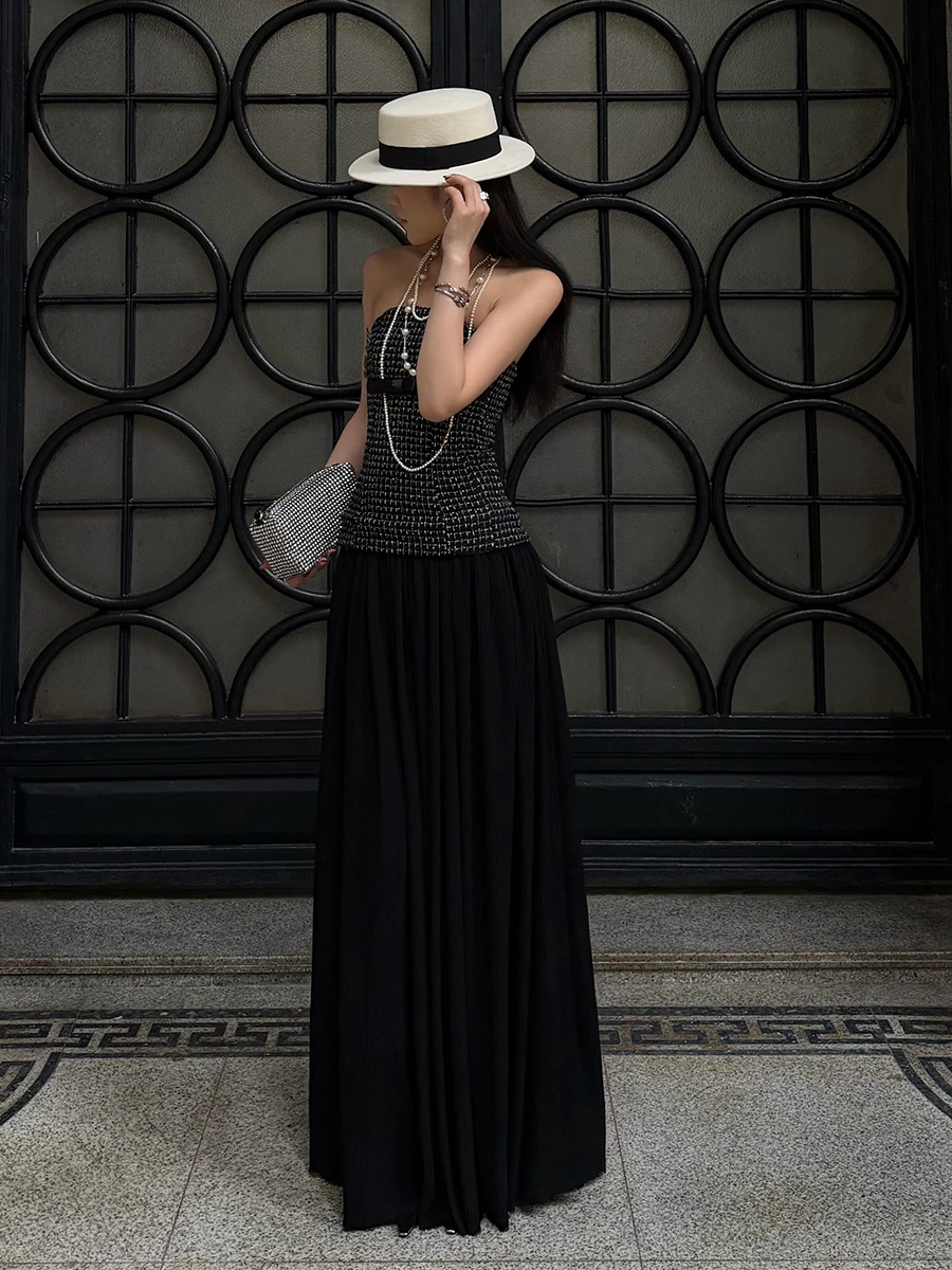 REDDACHiC Czarna Sukienka Balowa z Kokardą, Damska, Brokatowa, Tweedowa, Szyfonowa, Bandeau, Plisowana, Maxi, Długa Sukienka Elegancka Wieczorowa Formalna