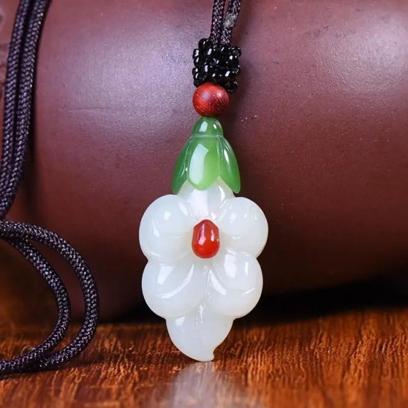 

Certified Natural White Jade Flower Necklace Men Women Genuine Chinese Nephrite Hetian Jade Morning Glory Pendant Necklaces