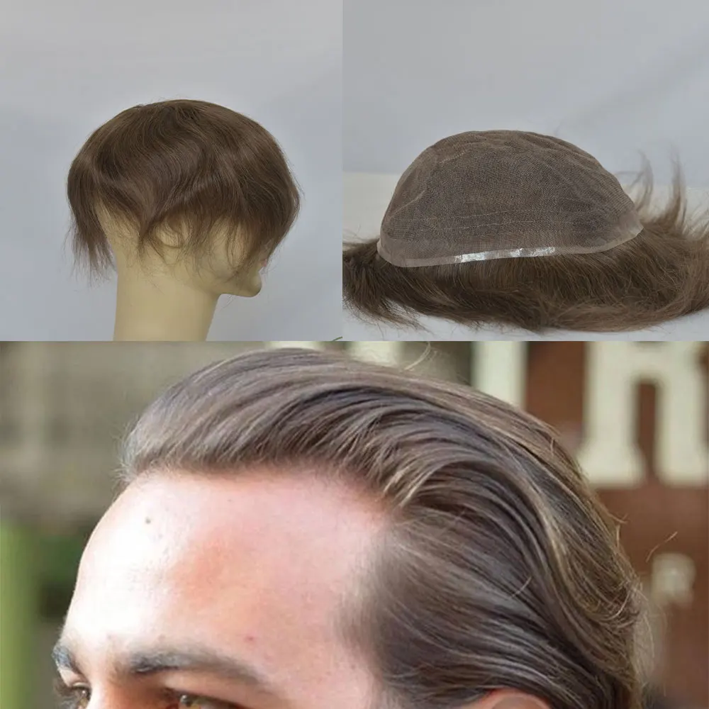 Teraman Hair Men's Wig Swiss Full Lace Human Hair Toupee for Men Middle Brown 4# Color Hair Piece System for Men 10x8inch
