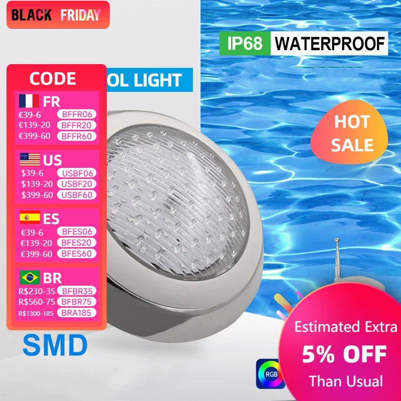 Wall mounted IP68 waterproof pool light, RGB color wireless remote control underwater light, low voltage AC-12V stainless steel