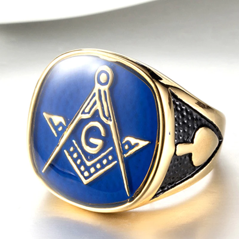 Blue Enamel Mason Wholesale Personalized Stainless Steel Freemasonary Signet 18k Gold Masonic Rings for Men