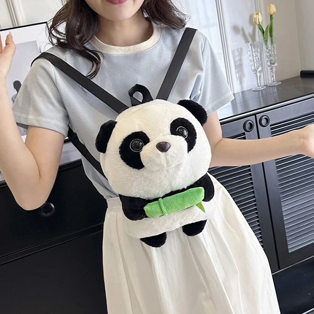 Cartoon Soft Fuzzy Panda Plush Backpack Adorable Bamboo Panda Doll Bag Portable School Travel Shoulder Bag Kawaii Style Gifts
