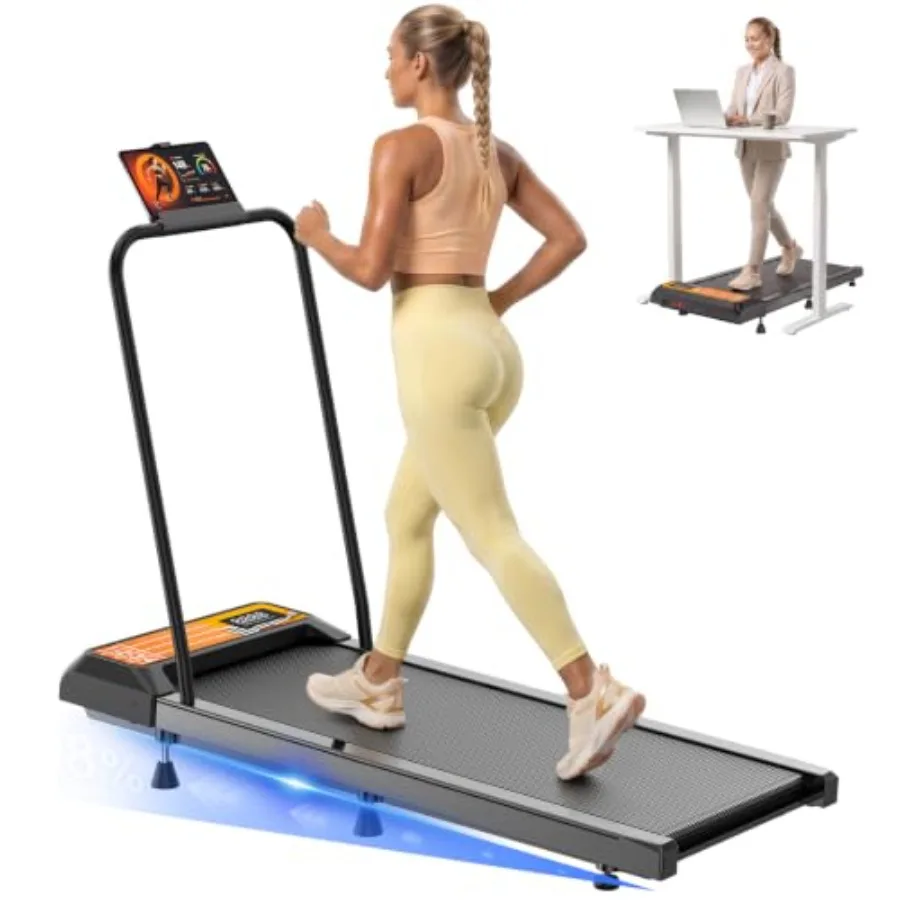 Under Desk Treadmill With Incline, Portable Walking Pad With Handlebar For Home Office Use, Aluminum Alloy Frame, Black, Foldab