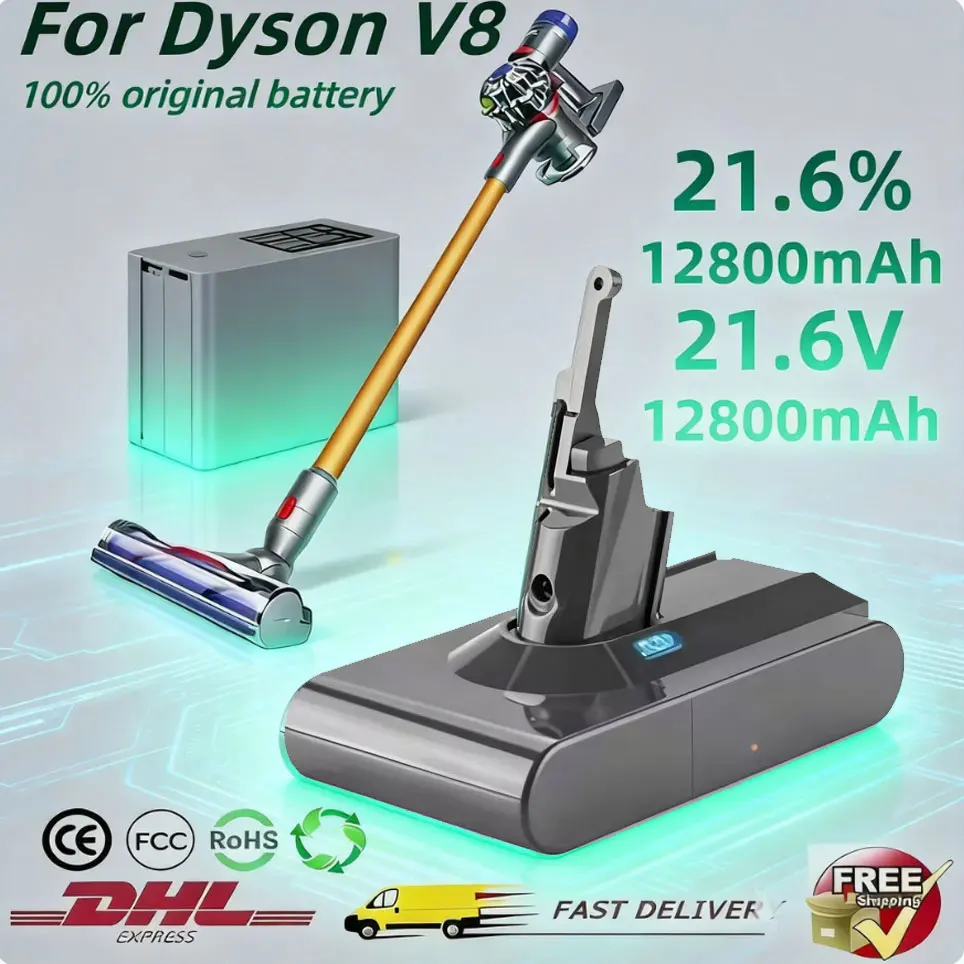 Batterie de remplacement 100 % neuve pour aspirateur sans fil Dyson V8 21,6 V 12800 mAh, compatible avec Dyson V8 Absolute