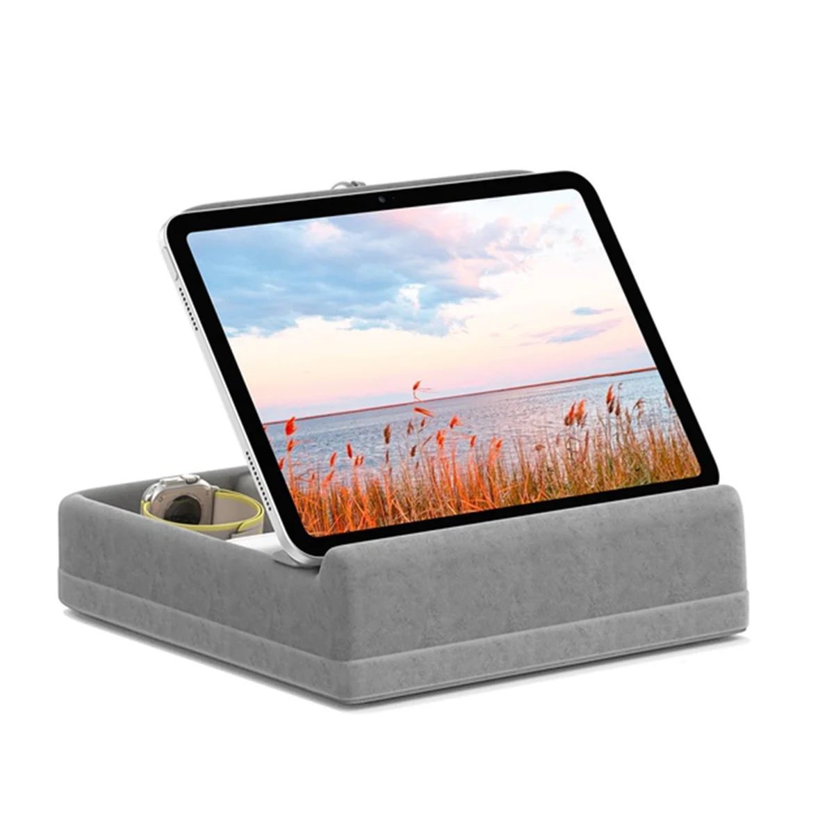 DQ2G Tablet Pillow Stand with Storage Foldable Holder Angle Adjustable Soft Pad Dock for Bed and Laptop and Desk Gray