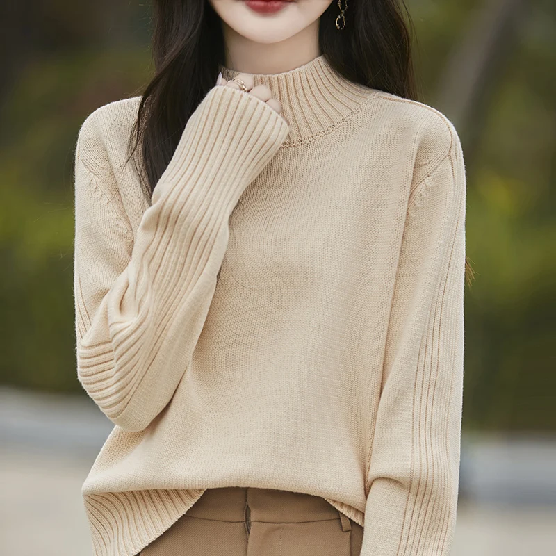 

ZOCEPT 100% Pure Cotton Thread Semi High Neck Thick Knit Sweater Women's Autumn Winter Loose Pullover Solid Color Casual Sweater