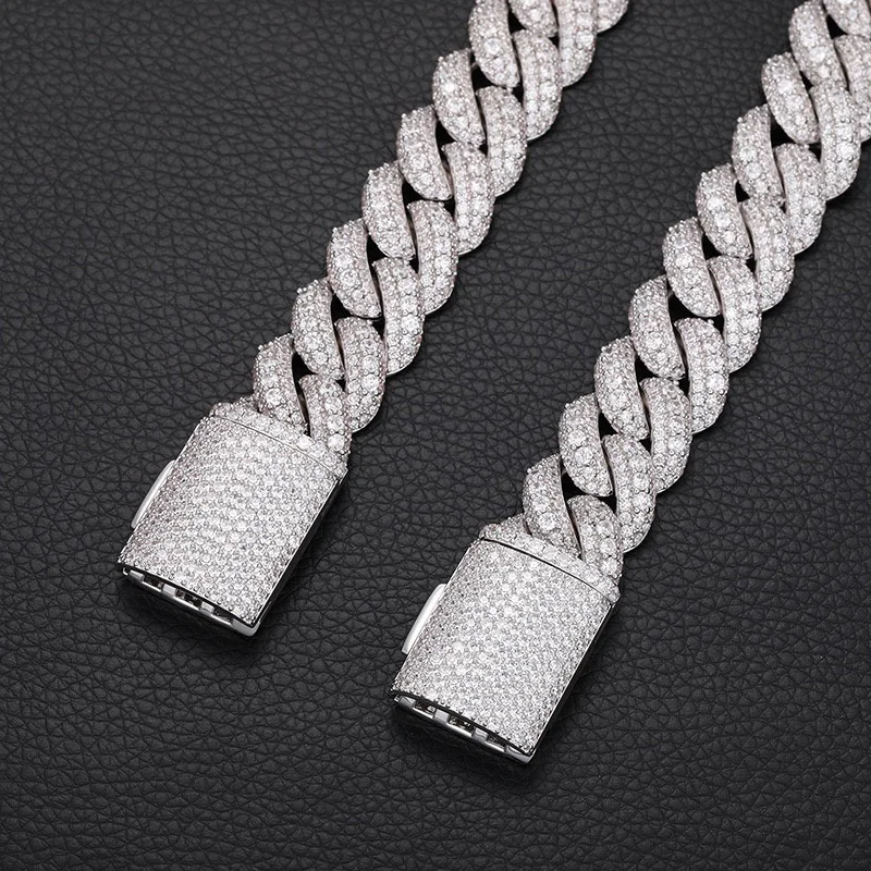 Wuzhou wholesale price custom 19mm iced out cuban chain with brilliance bling moissanite S925 silver 3rows cuban links necklace