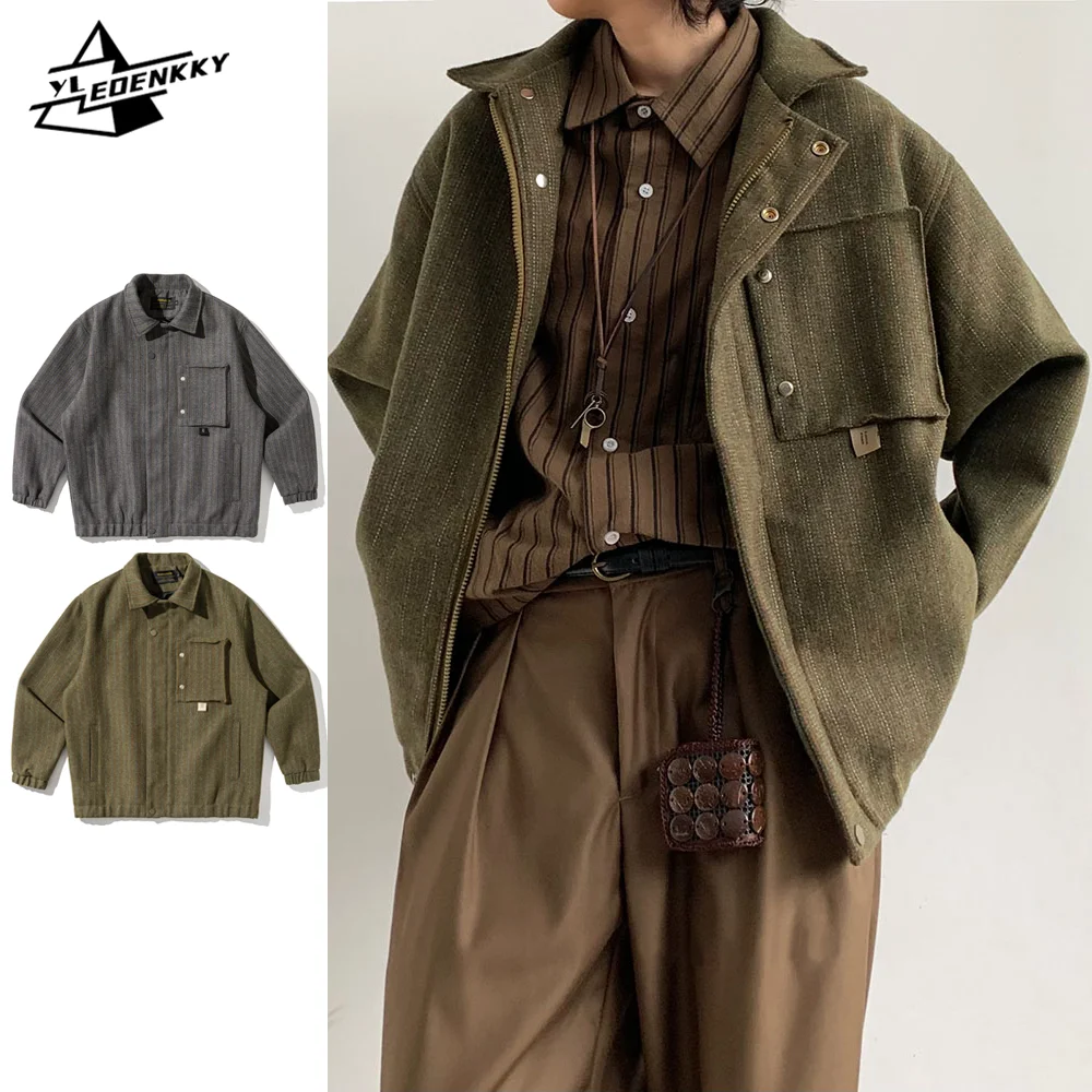 Autumn Vintage Jacket Men Women Harajuku Line Pattern Loose Coat Woven Pocket Trim Lapel Jacket Street Casual Baggy Cargo Tops