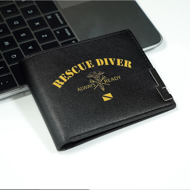 RESCUE DIVER ALWAYS READY MEN'S SLIM WALLET BLACK PU LEATHER LIGHTWEIGHT DURABLE BUSINESS STYLE EVERYDAY USE