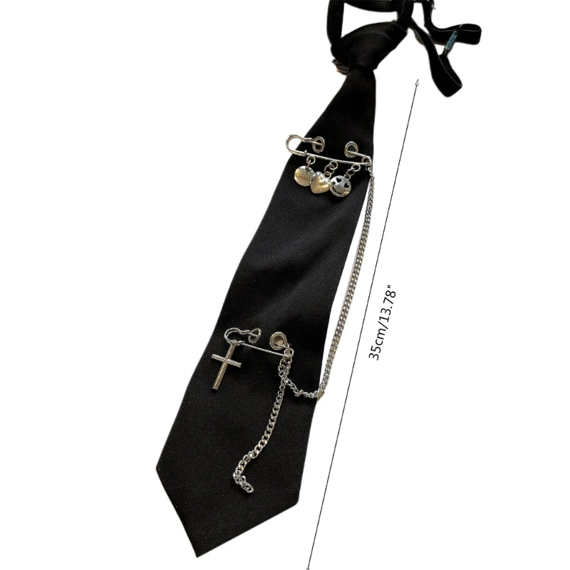 Vintage Black Necktie Gothic Punk Metal Chain Tassel Pin Ties for School Uniform Drop Shipping