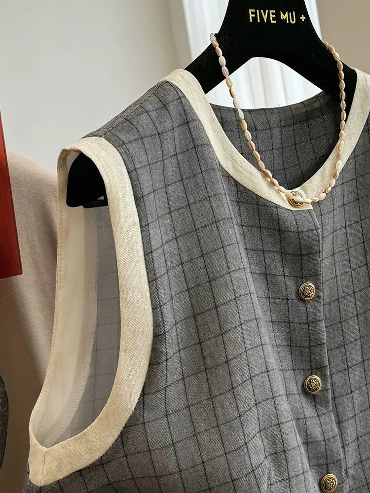 여성 여름 스타일 반팔 탑을 위한 우아한 격자 무늬 겉옷 조끼