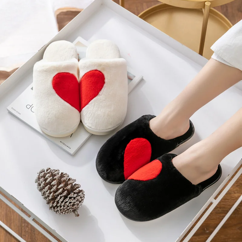 

Women Warm Winter Slippers Faux Fur Comfort Fluffy Plush Cartoon Heart Female Home Furry Indoor House Shoes Couples Bedroom Shoe