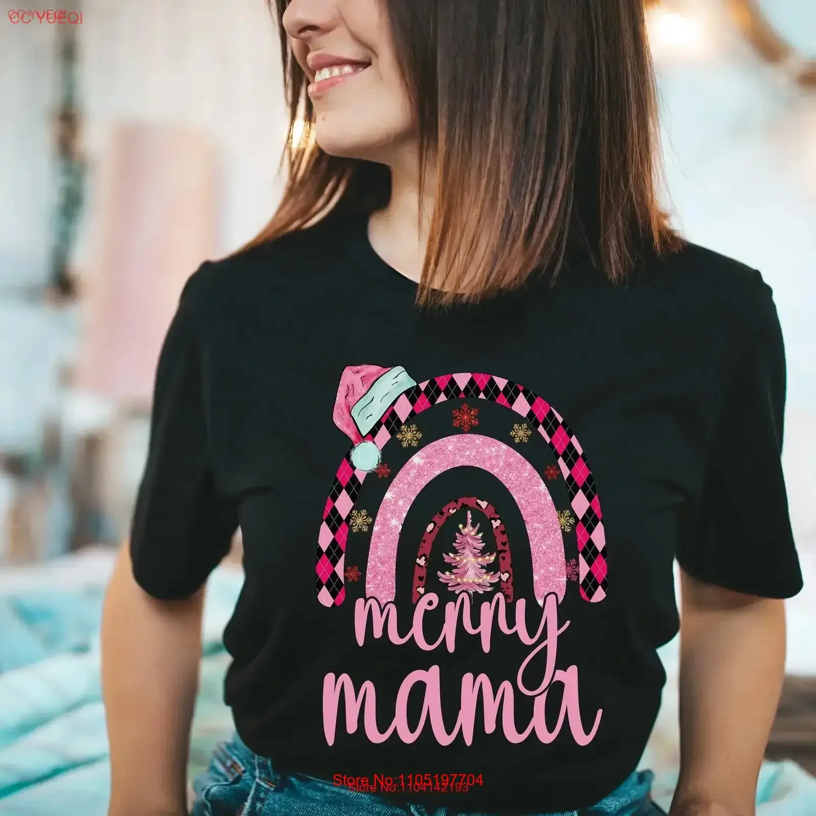 Camiseta Merry Mama para mamá, Navidad, arcoíris, árbol rosa, nueva mujer, ropa de calle lavada vintage de Papá Noel, moda suave para hombre ligeramente