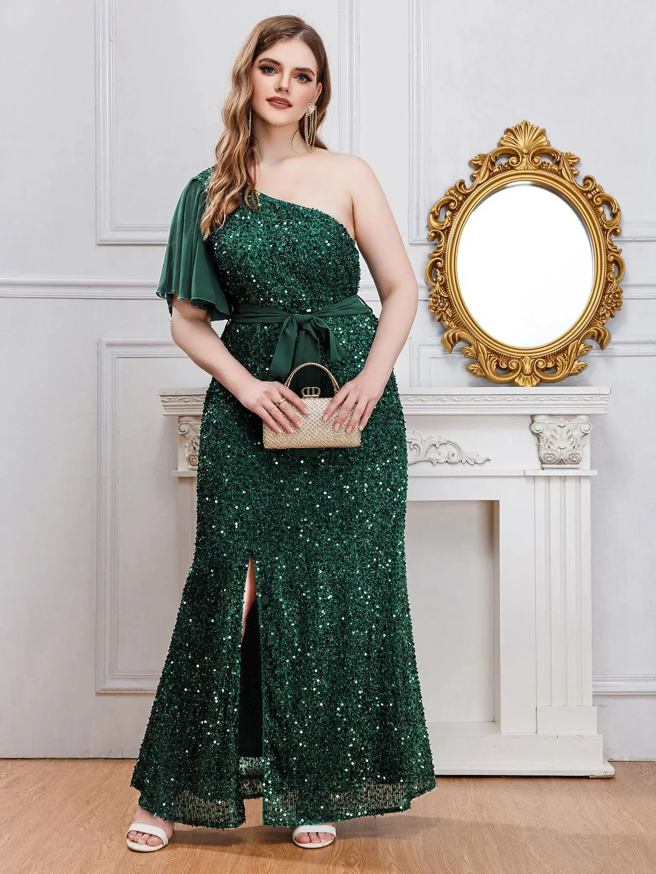 Women Dresses Slant Shoulder High Waist Sequins Split Plus Size Evening Party Dresses New Solid Color Short Sleeve Elegant Dress