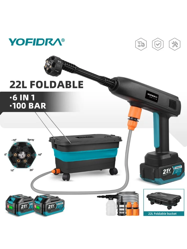 YOFIDRA 6-in-1 Hochdruck-Elektro-Wasserspritzpistole Auto-Gartenreiniger Elektrowerkzeug mit 22L Wassereimer für Makita Akku