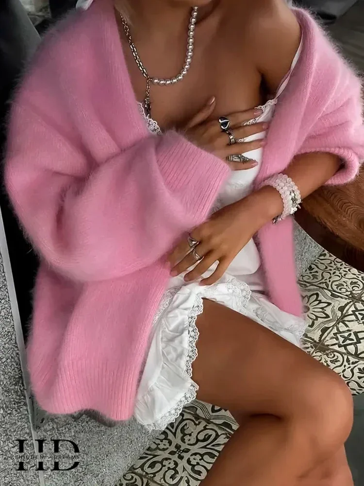 Suéter informal de gran tamaño con cuello en V para mujer, cárdigan de punto de manga larga holgado a la moda, abrigo de punto de color caqui liso para cárdigan de otoño