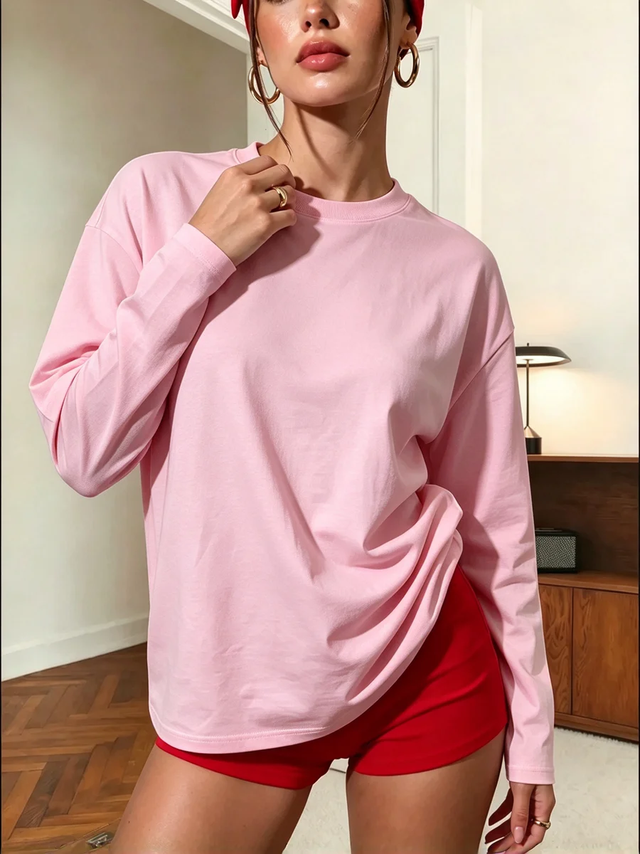 Y2 unisex pink solid color top loose and slimming versatile base shirt, casual sports long sleeved T-shirt top