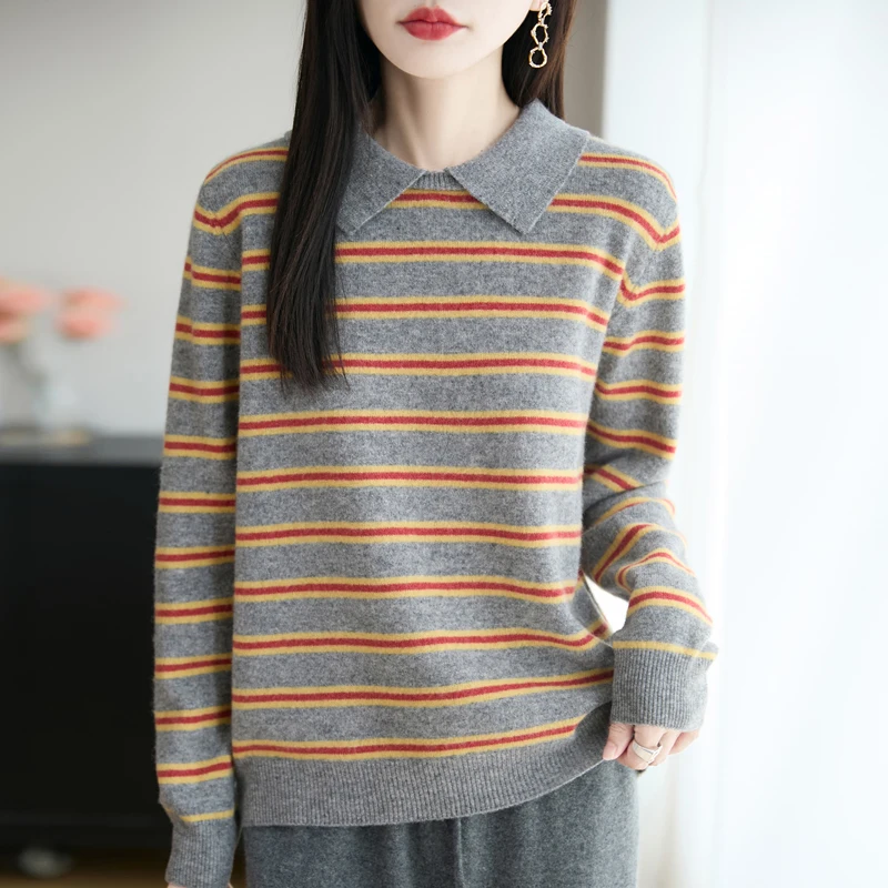 

100% Merino Wool Autumn Winter Woman Sweater POLO Collar Pullover Colorful Stripes Knitwear Bottoming Clothing Long Sleeve Tops