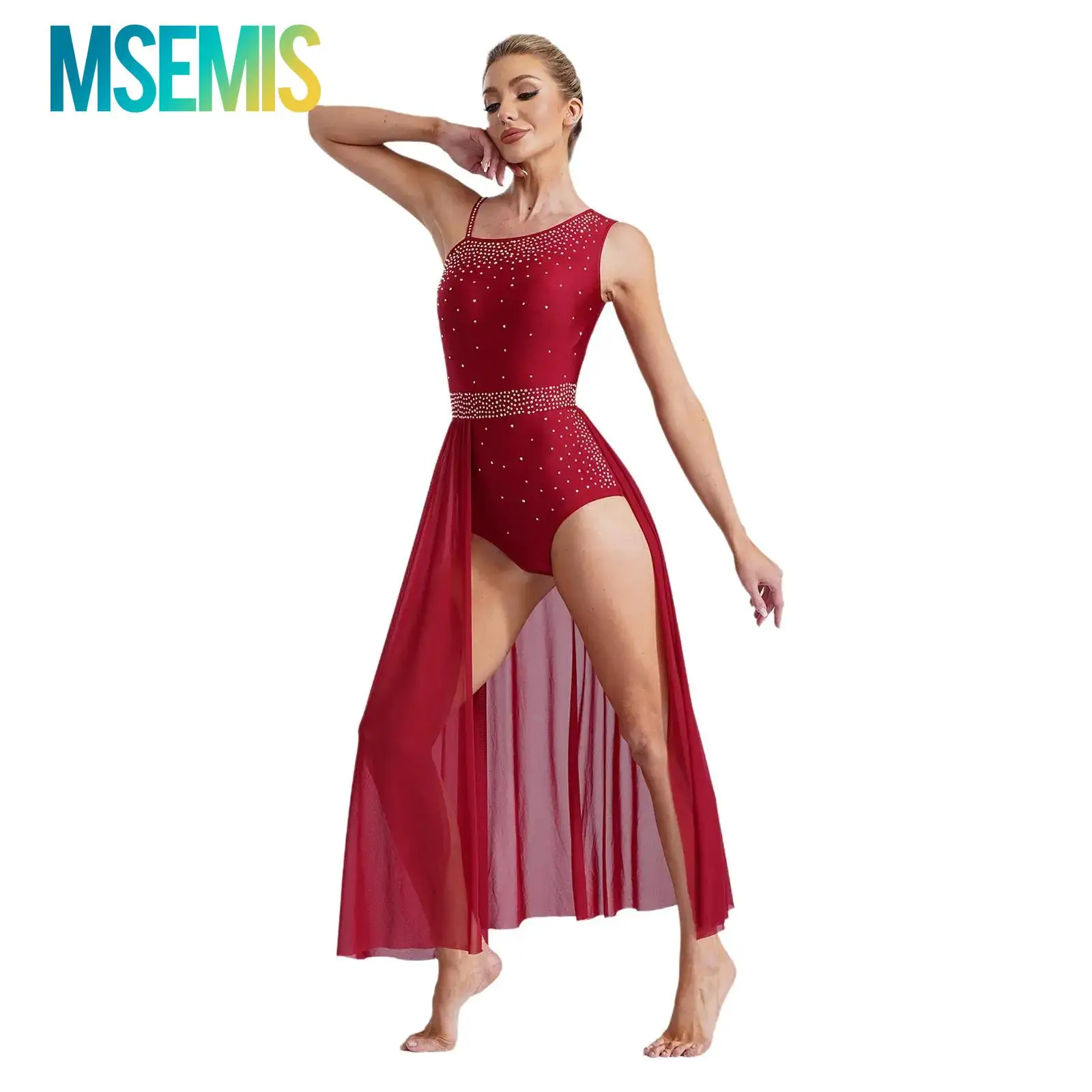 

Womens Rhythmic Gymnastics Ballet Jersey Costume Figure Skating Lyrical Dance Dresses Rhinestones Split Sheer Mesh Jumpsuit