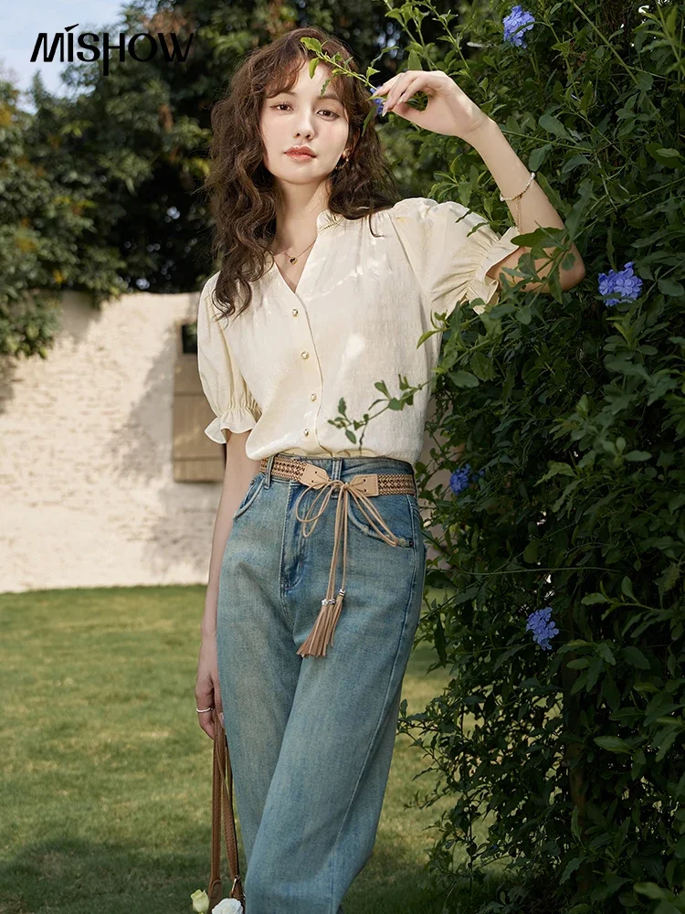 MISHOW Suspender Denim Dress Paired Blouse Separately 2024 Summer V Neck Puff Sleeve Top Back Elastic Waist Dress MXD21L1664
