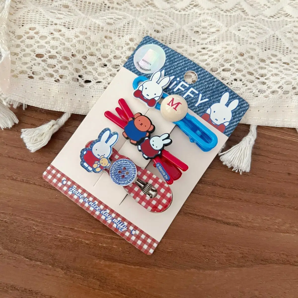 Conjunto de pinzas para el pelo de conejo Miffy, accesorios para el cabello femeninos de dibujos animados, pinza para el pelo de vaquero a cuadros para niña, accesorios Kawaii
