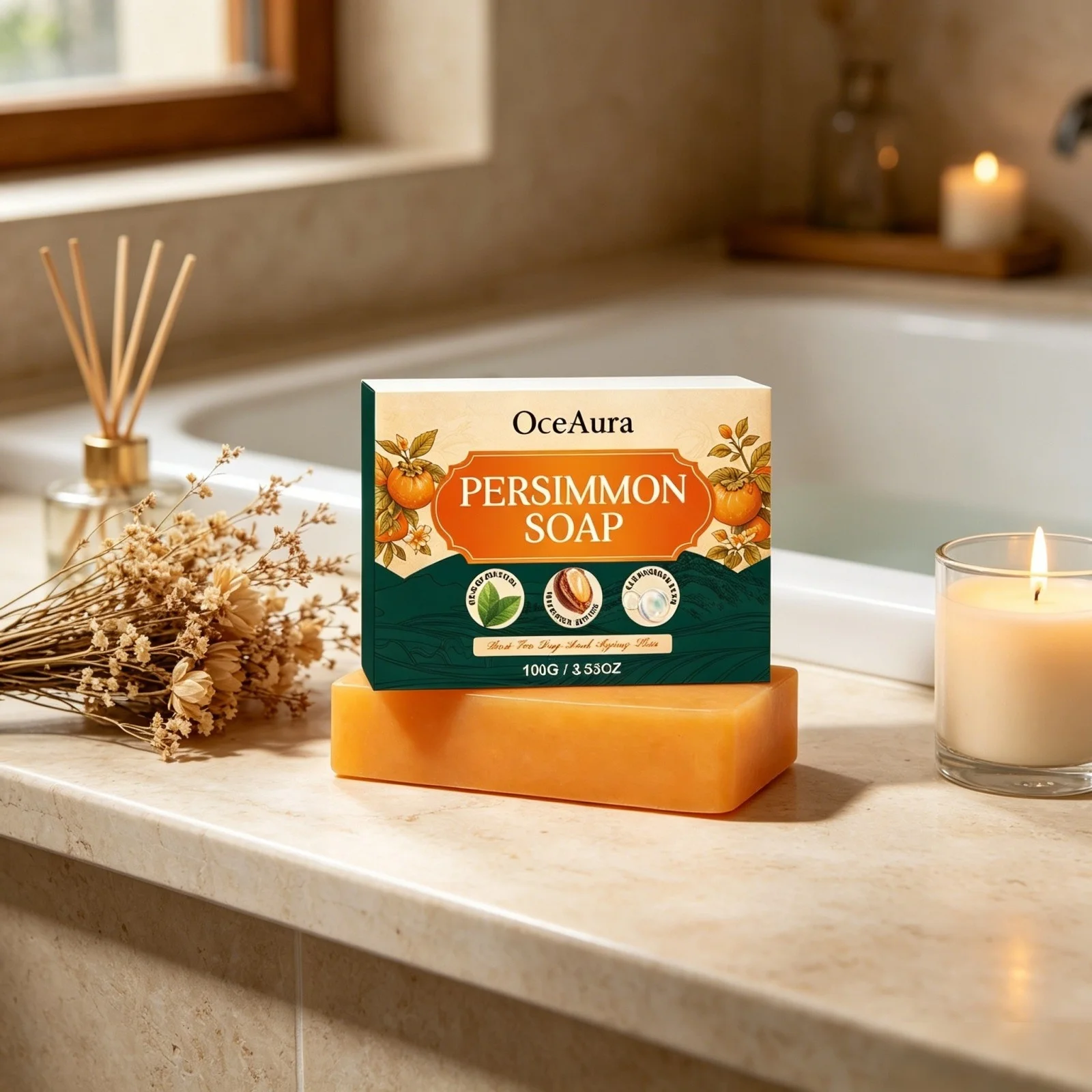 OceAura Persimmon Soap Bar for Body Odor Control Professional Skin Cleaning Soft Smooth Body Care Shea Butter Soap Deodorant