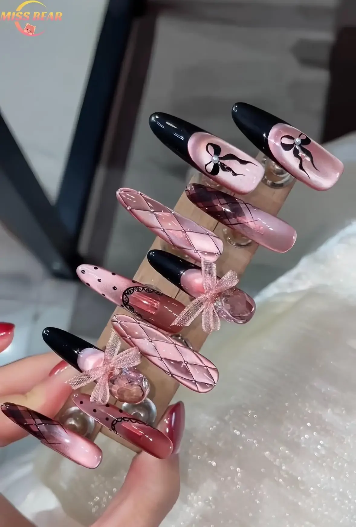 Handmade Beautiful Y2k Press on Nails Cherry Blossom  Pink and White Ballet with Design Full Cover Long Coffin Acrylic Nail Tips