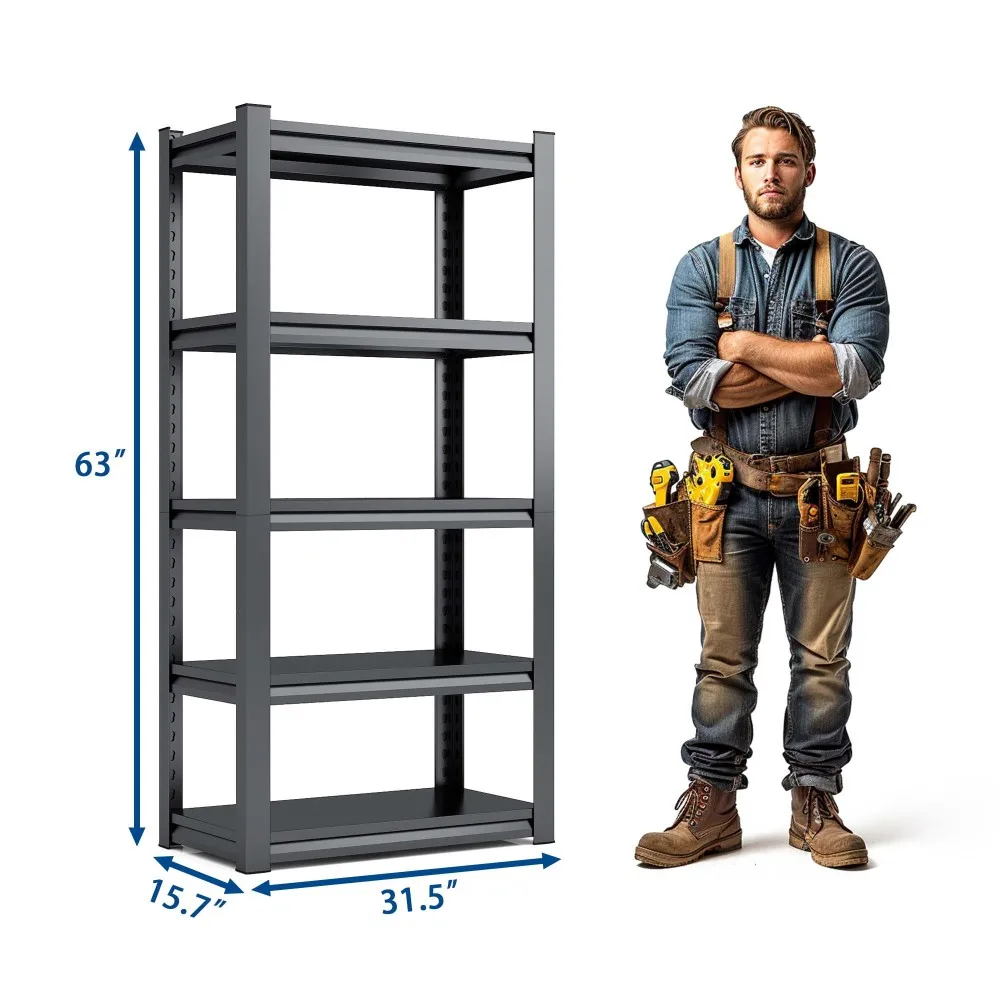 5-Tier Metal Shelves for Garage, 2000LBS Heavy Duty, Adjustable Industrial Shelving Unit, Black Storage Utility Rack.