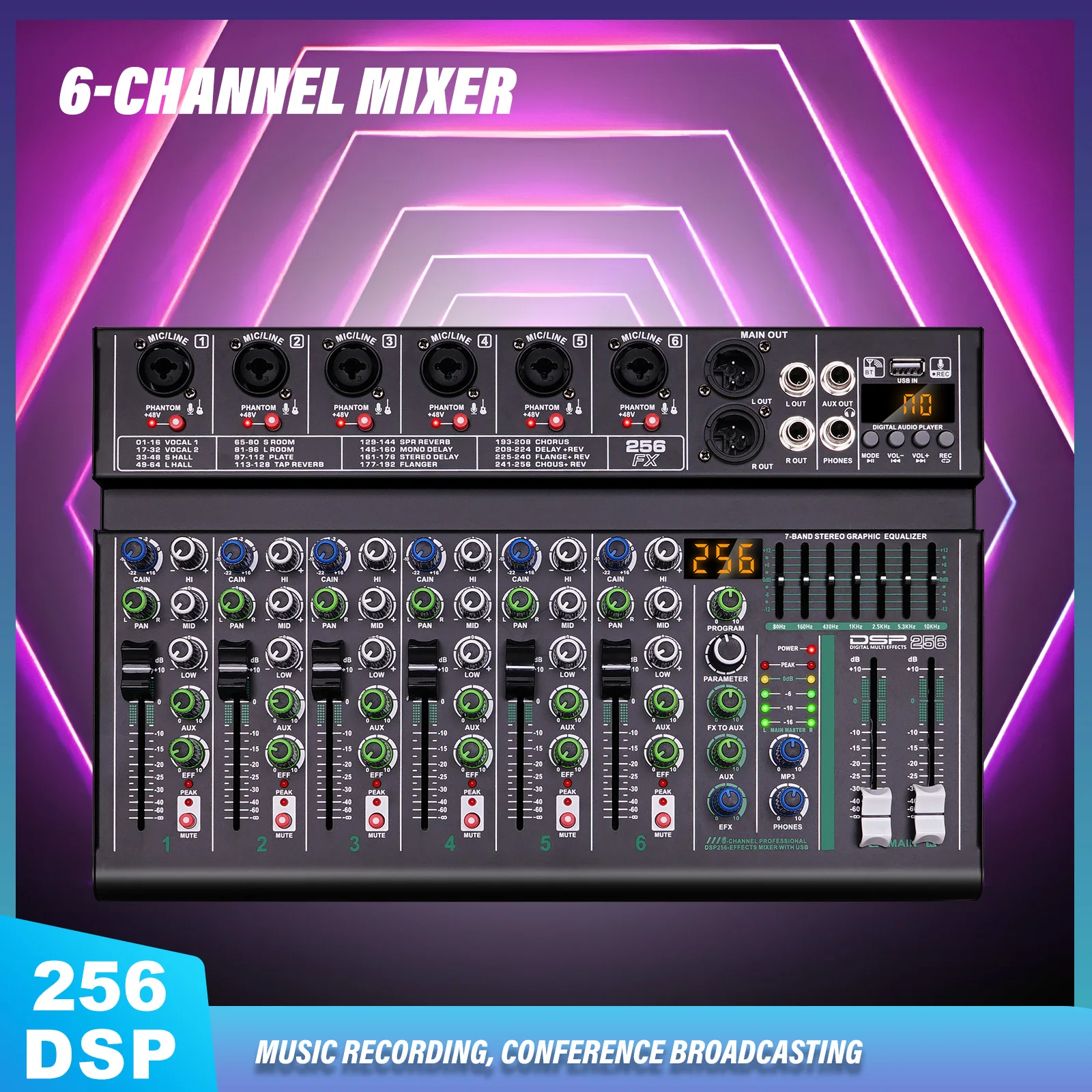 

4/6 Channel Audio Interface Mixing Console 256-Bit DSP DJ Mixer Audio Reverb Effect+48V Phantom Bluetooth Audio Mixer