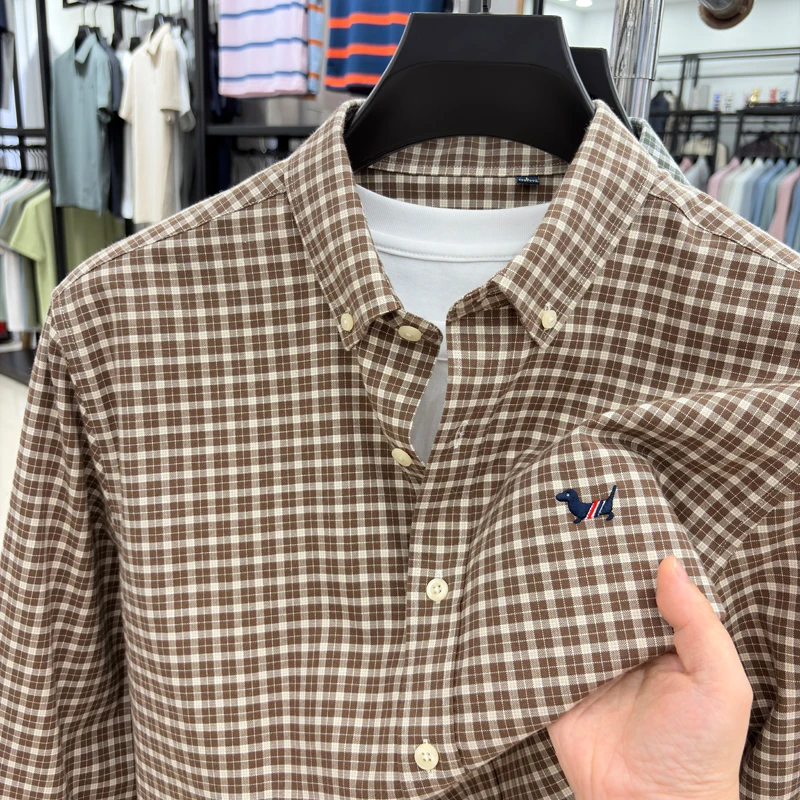 100% Cotton Man Long-Sleeved Shirt Lapel Single-Breasted Dog Embroidery Autumn New Checkered Shirt Casual Fashion Men's Clothing