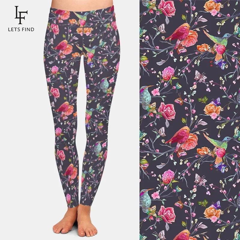 Letfind pássaros borboletas e flores impressão digital mulheres leggings de cintura alta alta elástica macia calças de fitness
