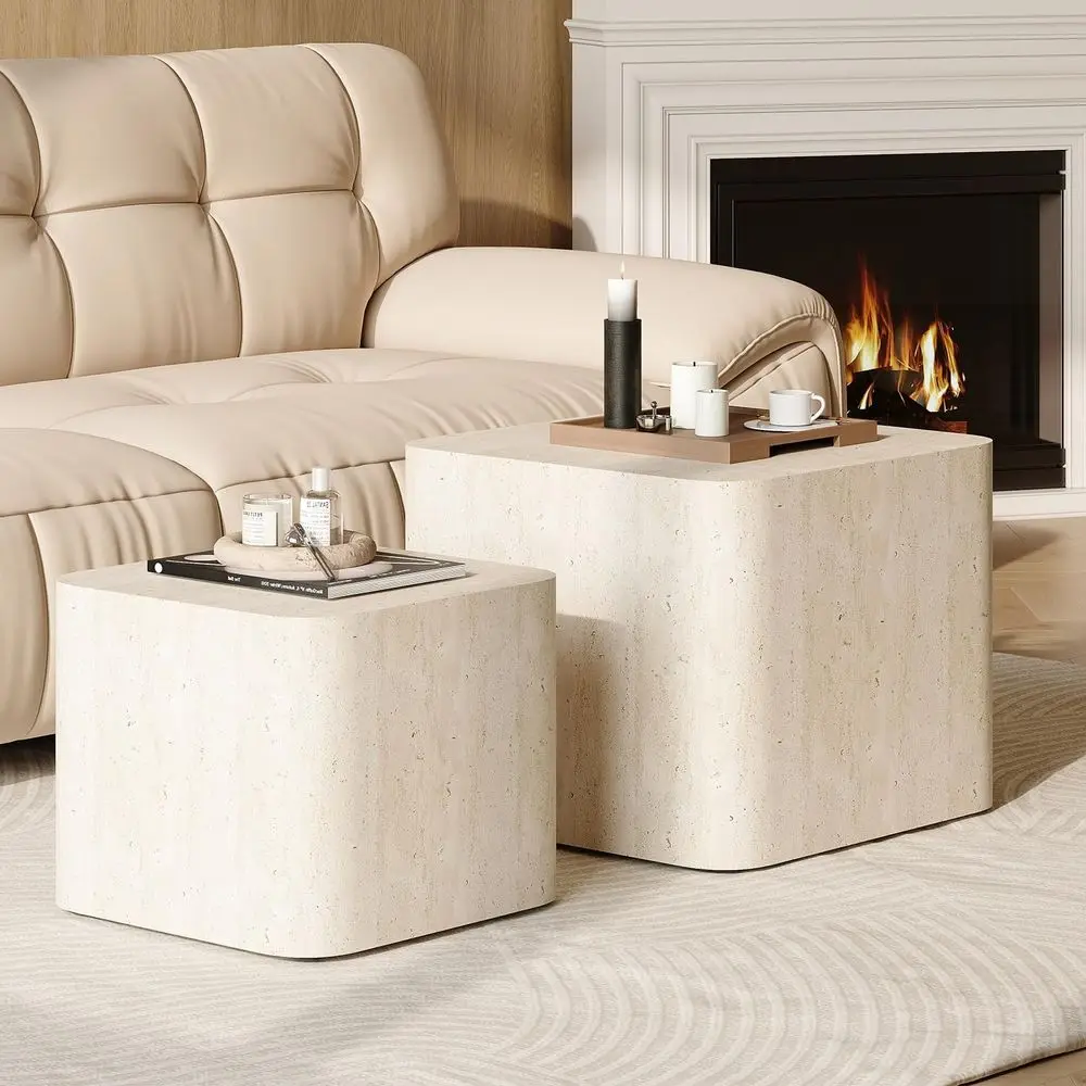 

Nestable Coffee Table Set of 2, Wooden 2-Piece Table Set, Compact Wooden Side Tables for Living Room or Bedroom (Travertine)