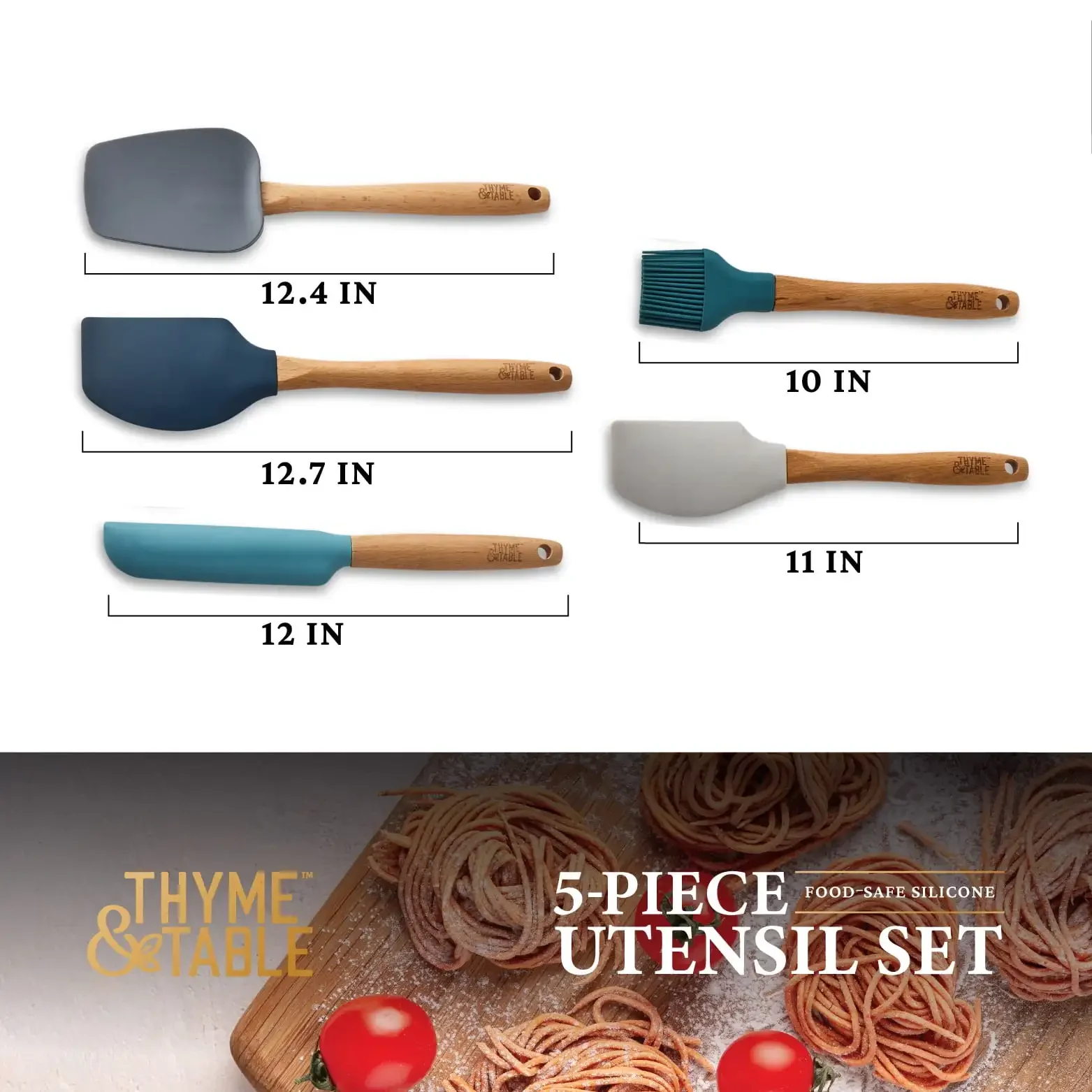 Set di utensili da cucina in silicone da 5 pezzi con manici in legno di faggio