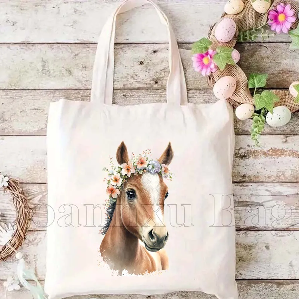 Dziki duch kwiatowy koń obraz olejny kobiety płócienna torba na ramię torebka Harajuku Eco Shopper bawełniane torby na zakupy wielokrotnego użytku