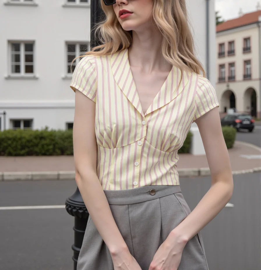 

Summer Classic Intellectual Style Color Blocking Striped Print Lapel Button Front Fold Slim Fit Women's Short Sleeved Work Shirt