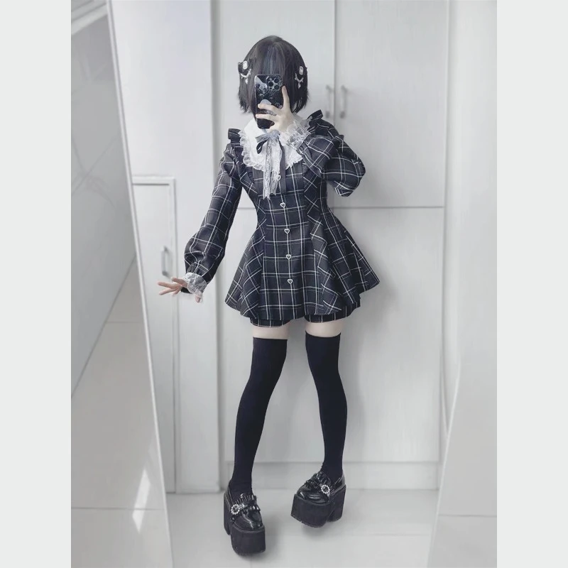 

Japanese Sweet Fresh Improved College Style Bow Ruffle Lace Splicing Waist Thin Pleated Dress Bodysuit Gay Lenceria