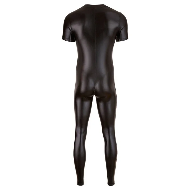 Men Sexy Wetlook Faux Leather Catsuit PVC Latex Bodysuit Gay Zipper Open Crotch Clubwear Erotic Pole Dance Lingerie