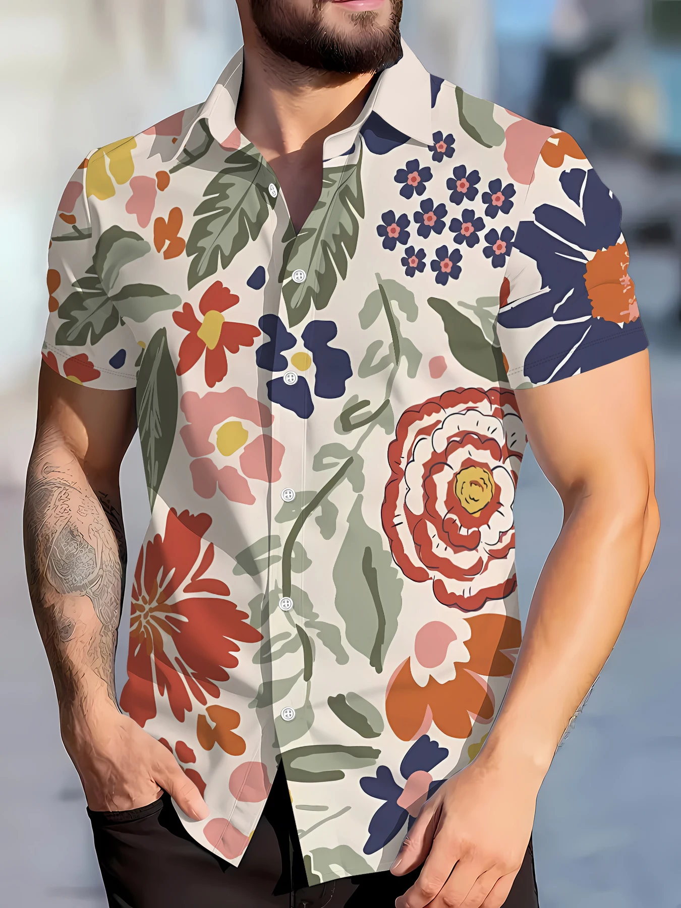

2026 Summer New Style Men's Short-Sleeved Shirt with 3D Flower Print for Street Casual Fashion Comfortable Soft Breathable