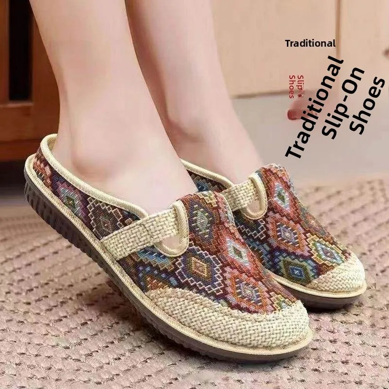 

Beautisky Women's Linen Slip-On Shoes Breathable Spring Summer Ethnic Style Half Slippers Comfortable Casual Slippers