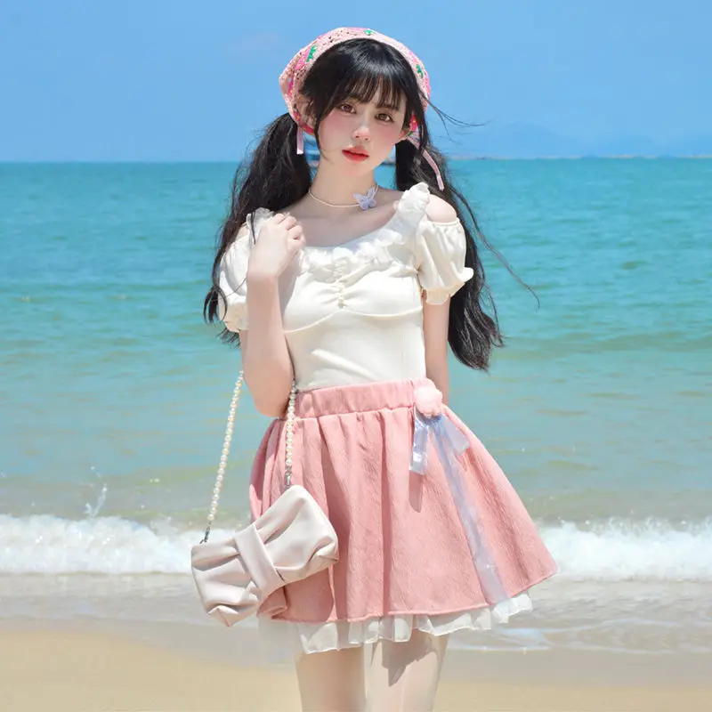 Japan Two Piece Set Skirt Academy Style Set Adult Gift Birthday Princess Summer Beach Vacation Leisure Top Half Skirt