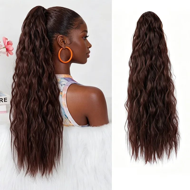 Extensiones de cola de caballo con cordón de 22 pulgadas, extensiones de cabello sintético ondulado largo para mujer, para uso diario.